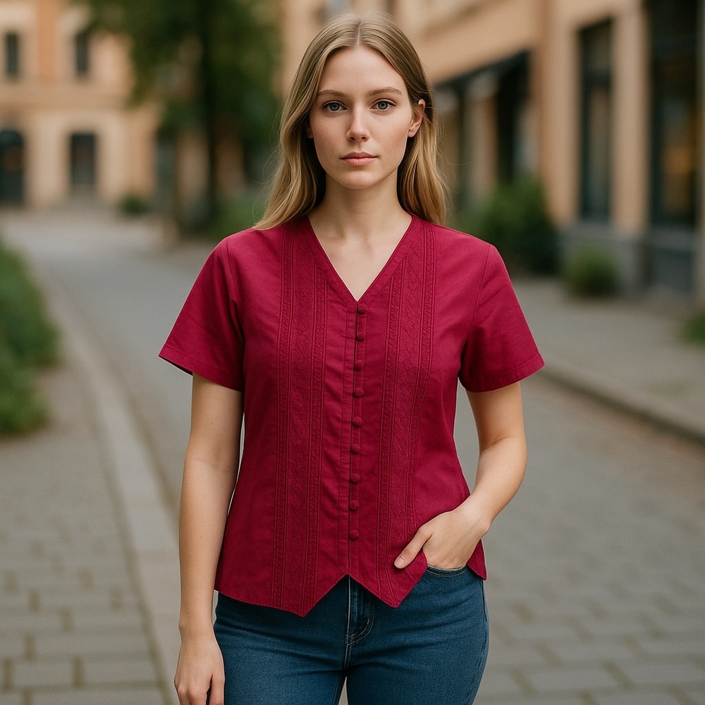 Vintage Ship n’ Shore Deep Red Embroidered Button Down Blouse. Size 10